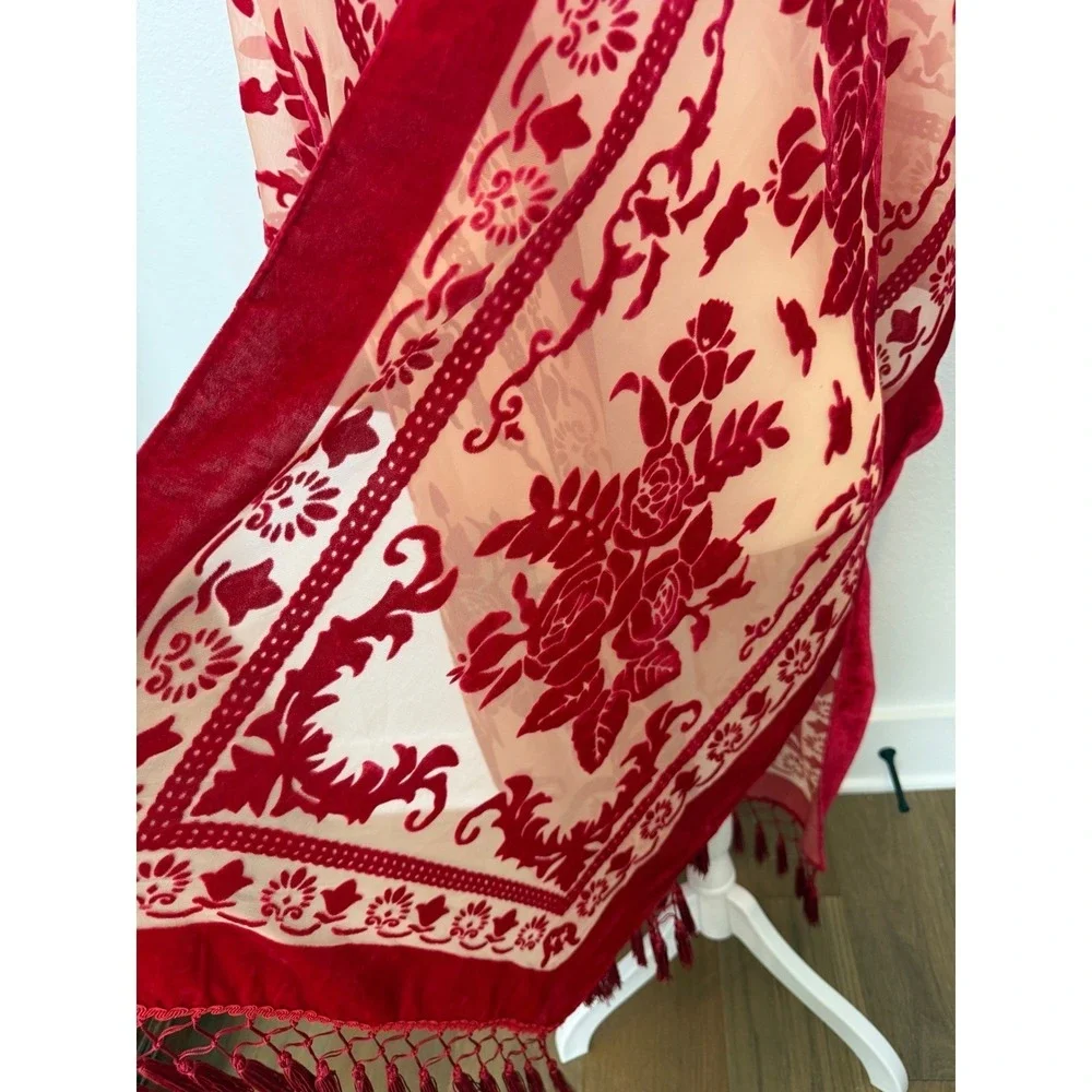 Free‎ People Kimono Sheer Velvet Burnout Floral Duster Red Boho Bohemian